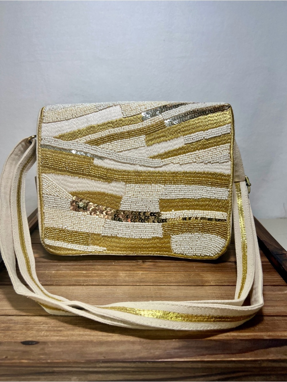 Viral America & Beyond Cream & Gold Beaded Shoulder Bag with Sequin Accent!